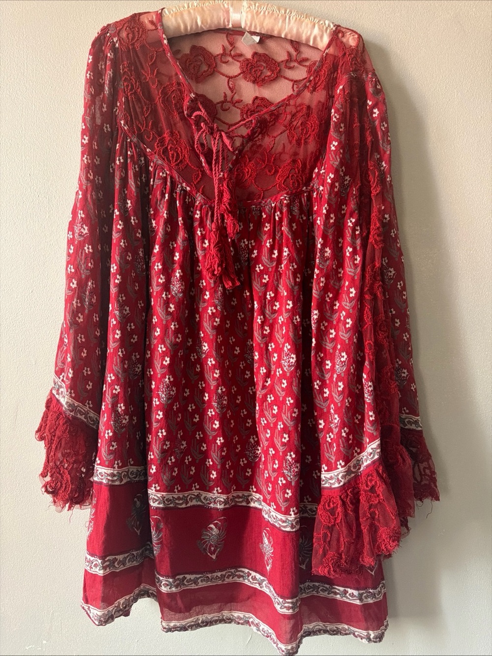 Free People Red Lace Boho Dress with pockets